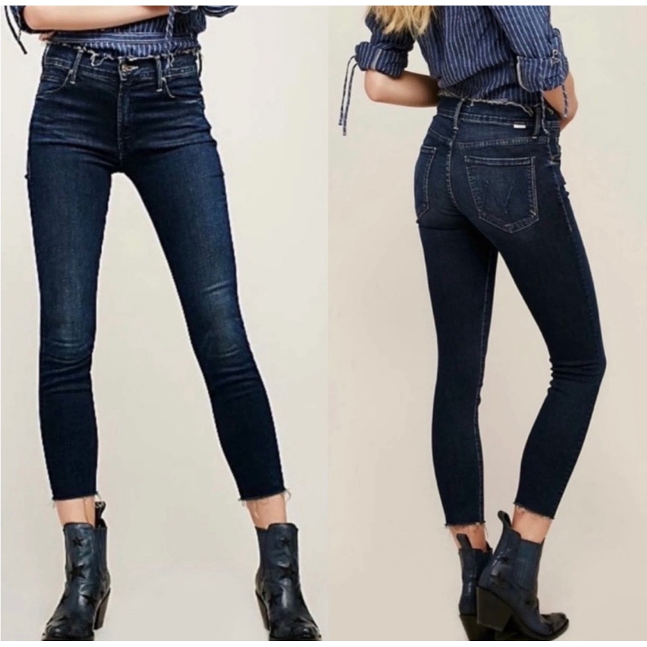 Mother Denim Double Fray Charmer Crop Jeans Photo Finish Dark Blue Denim Size 25